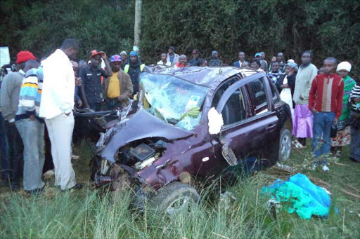 Wreckage of a car at an accident scene