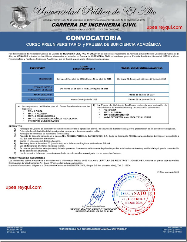 Ingeniería Civil UPEA II/2018: Convocatoria para el Curso Preuniversitario y Prueba de Suficiencia Académica