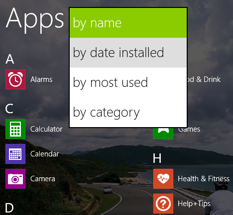 Windows 8.1, Apps View, categorie, naam, installatiedatum, gebruik, programma's