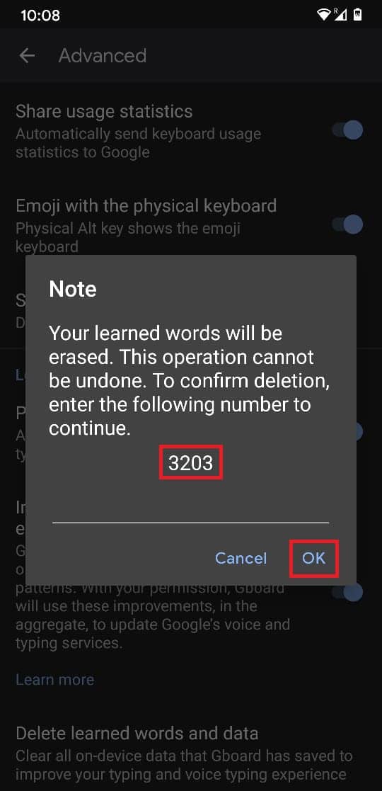 Nhập số đã cho và nhấn OK |  Cách xóa các từ đã học khỏi bàn phím của bạn trên Android