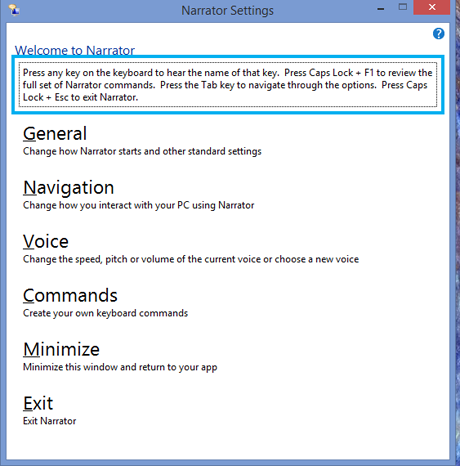 접근성 센터, Windows 8.1, 내레이터