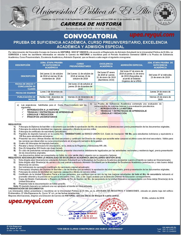 Historia UPEA I/2019: Convocatoria para la prueba de Suficiencia Académica y Curso Preuniversitario