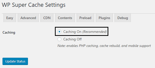 Activer la mise en cache du plug-in WP Super Cache