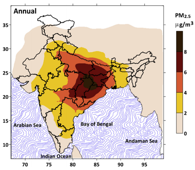 Modeled annual average ambient PM2.5 concentrations due to the emissions from coal-fired thermal power plants in India. Graphic: Guttikunda and Jawahar, 2014 / Atmospheric Environment