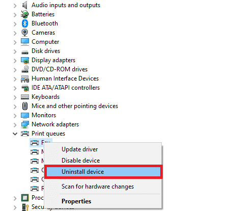 cliquez avec le bouton droit sur le pilote et sélectionnez Désinstaller le périphérique.  Correction des services de domaine Active Directory actuellement indisponibles dans Windows 10