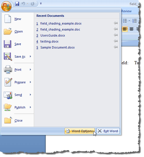 Word2007でWordオプションをクリックする