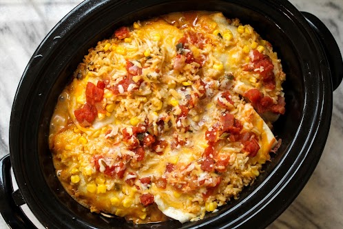 Cheesy Green Chile Chicken Crock Pot Enchiladas