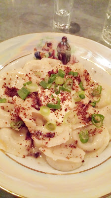 Dumpling Week 2016 offering from Kachka: Mushroom and potato vareniki with porcini pumpernickel breadcrumbs, French onion smetana and scallions.