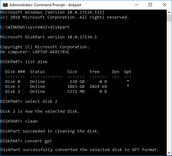 DiskpartでMBRをGPTディスクに変換するDiskpartでMBRをGPTディスクに変換する