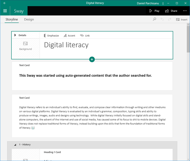 Editor de argumentos en Microsoft Sway