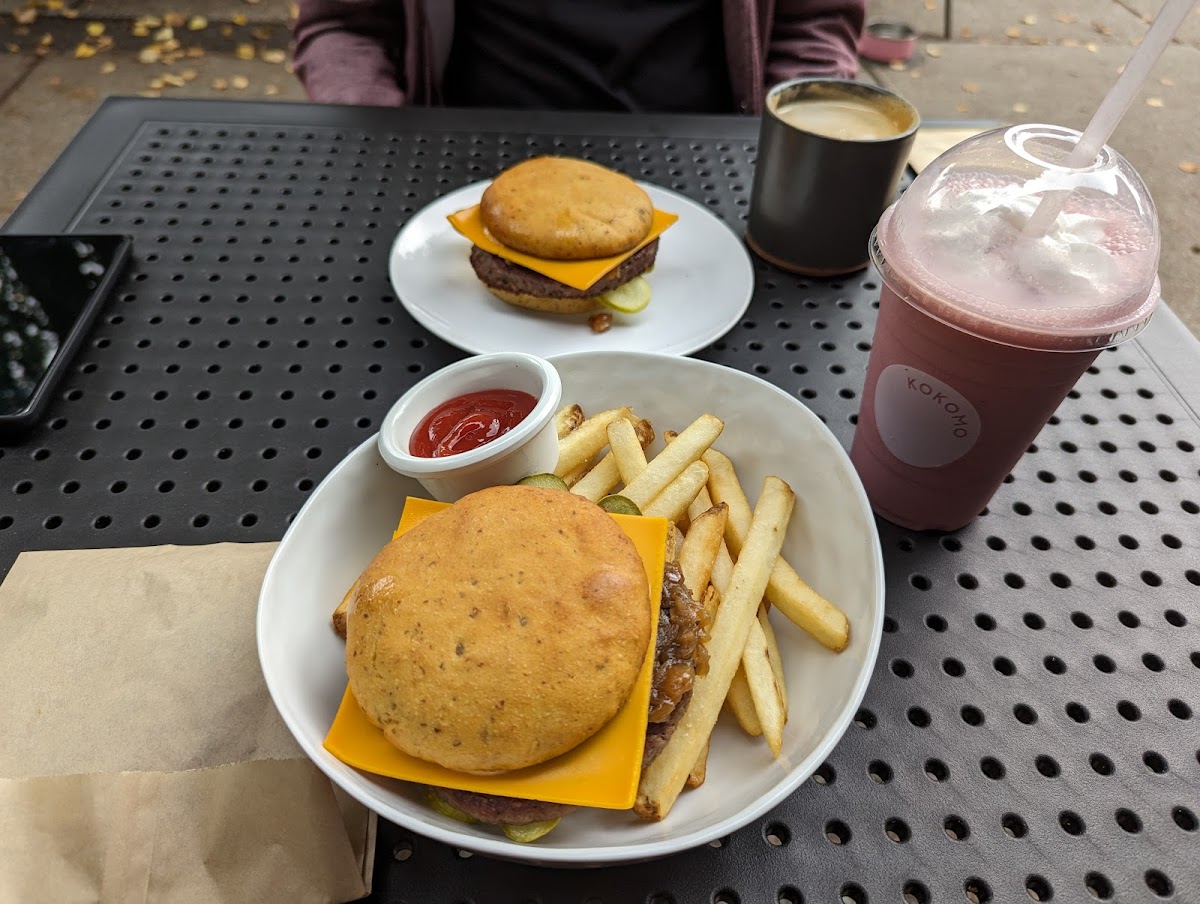 Kokomo Burger, Fries, and Strawberry Shake