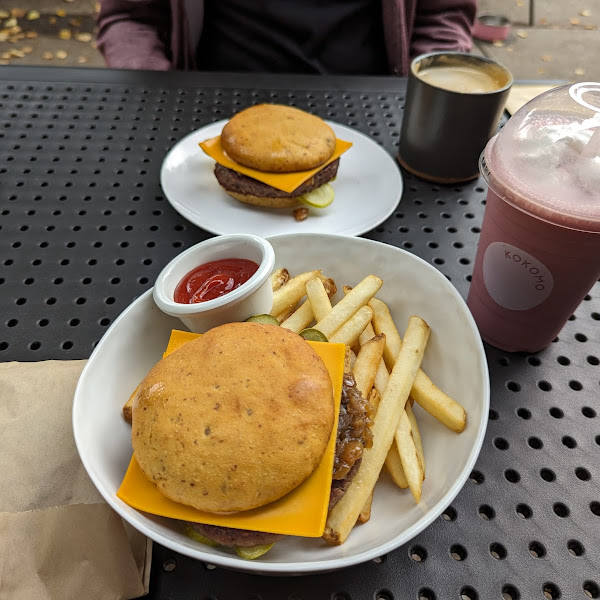 Kokomo Burger, Fries, and Strawberry Shake