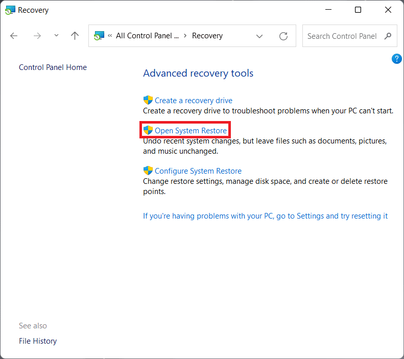คลิกที่ Open System Restore ในหน้าต่างการกู้คืน
