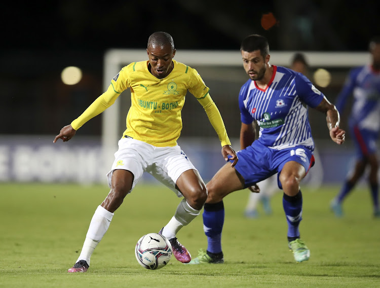 Mamelodi Sundowns defender Thapelo Morena challenged by Keegan Ritchie of Maritzburg United during the DStv Premiership match at Harry Gwala Stadium in Petermaritzburg on Saturday.