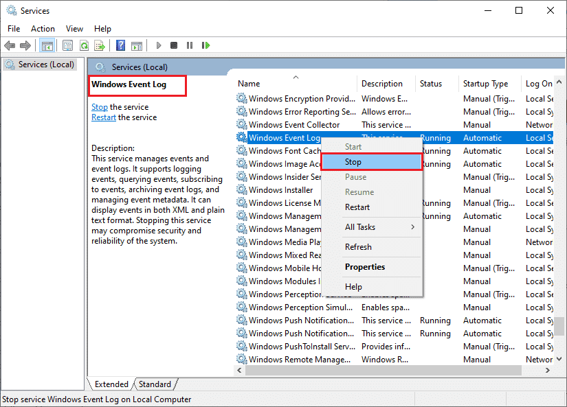 Si el Estado está configurado en En ejecución, haga clic con el botón derecho en el servicio y seleccione la opción Detener.  Espere un momento y luego haga clic en Iniciar de nuevo