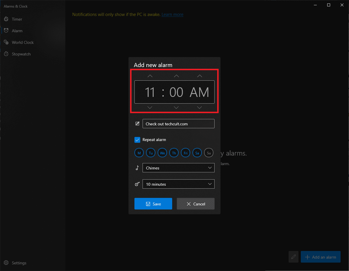 Utilisez les touches fléchées pour choisir l'heure d'alarme souhaitée.  Choisissez soigneusement entre AM et PM.  Comment définir des alarmes dans Windows 10 et autoriser les minuteries de réveil