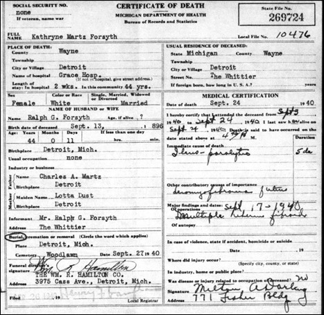 FORSYTH_Katherine_death cert_24 Sep 1940_DetroitWayneMichigan