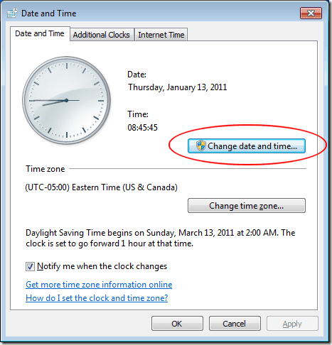 오류 0x80072efe를 수정하기 위해 날짜 및 시간 변경
