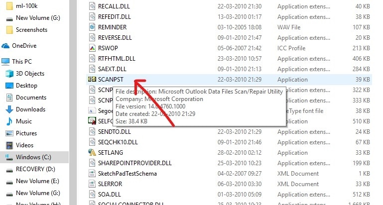 Double-cliquez sur le fichier SCANPST pour ouvrir la boîte de dialogue de l'expérience de réparation de la boîte de réception Microsoft Outlook