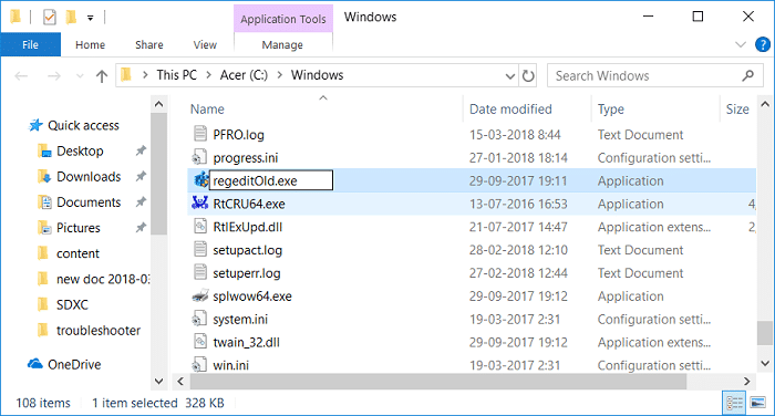 regedit.exe를 찾은 다음 이름을 regeditOld.exe로 바꾸고 탐색기를 닫습니다.