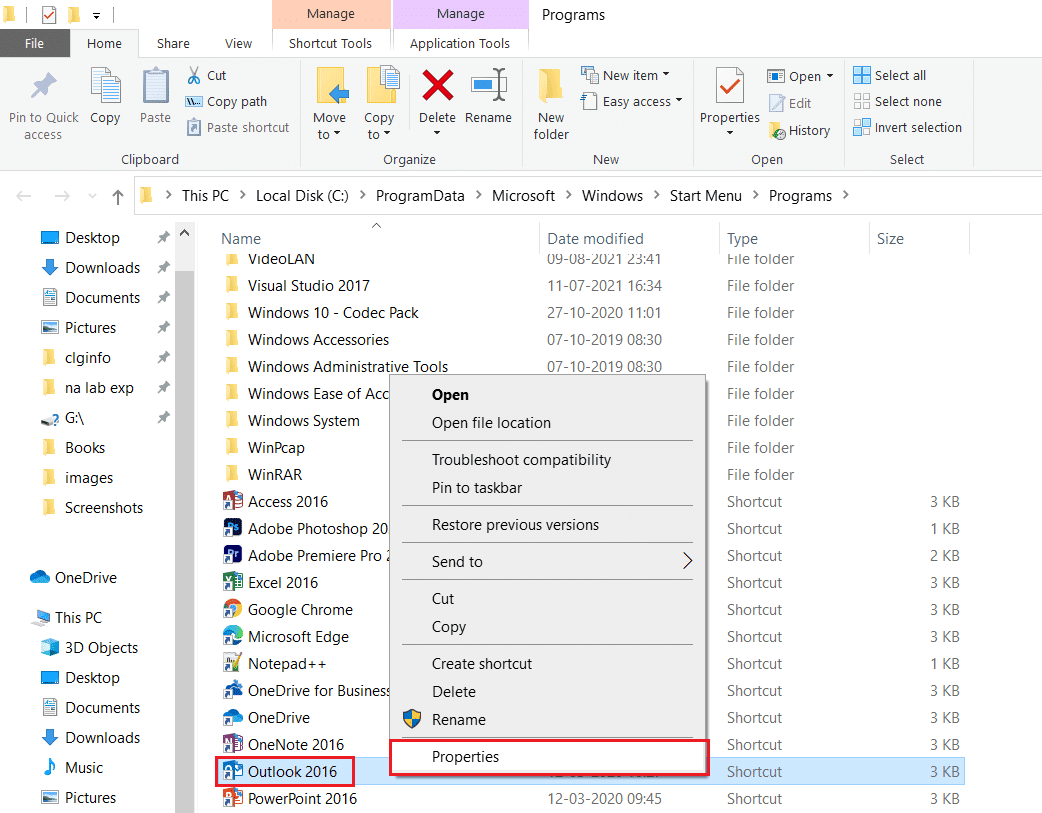 faites un clic droit sur l'application Outlook et sélectionnez Propriétés