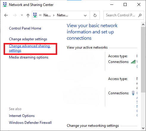 .  Maintenant, cliquez sur Modifier les paramètres de partage avancés |  Le partage de réseau Windows 10 ne fonctionne pas - Corrigé