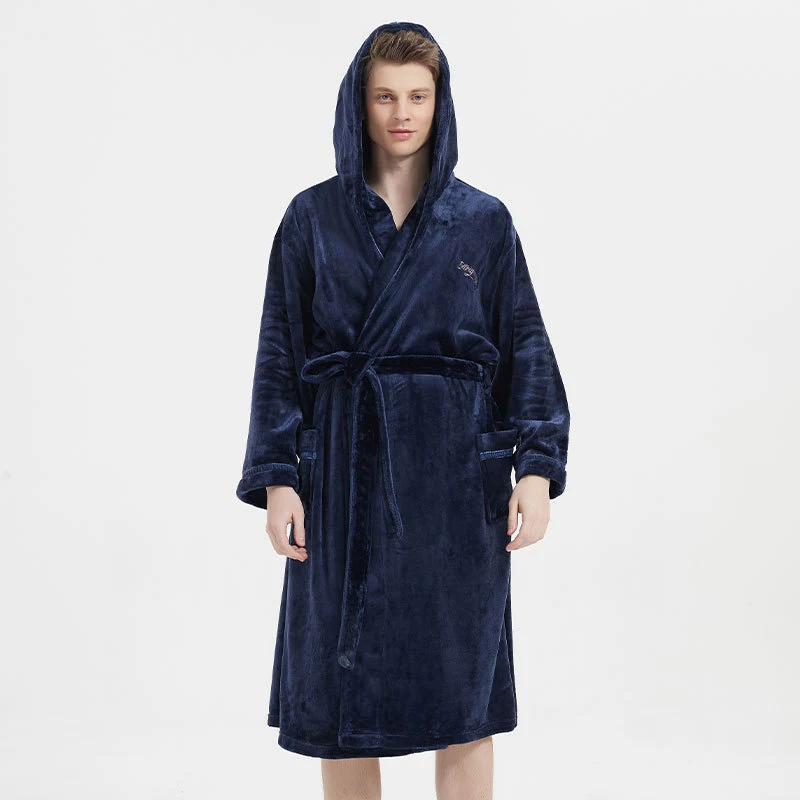 Men's Fashion Navy Flannel Nightgown Experience Soft Comfort and Warmth Ideal for Relaxing Evenings and Peaceful Sleep a