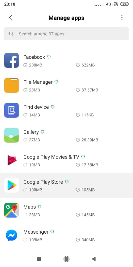 Tìm kiếm danh sách ứng dụng cho 'Cửa hàng Google Play' và nhấn vào đó