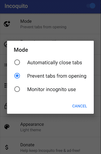 Seleccione la opción Prevenir para deshabilitar el modo de incógnito en Chrome en Android