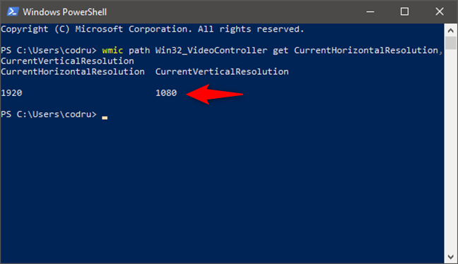 Een opdracht uitvoeren die de schermresolutie toont, in PowerShell