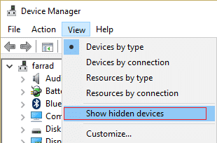 click view then show hidden devices in Device Manager