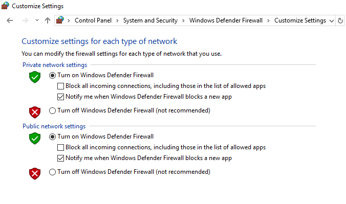 Zobrazí se obrazovka Deaktivace brány firewall programu Windows Defender pro nastavení soukromé a veřejné sítě