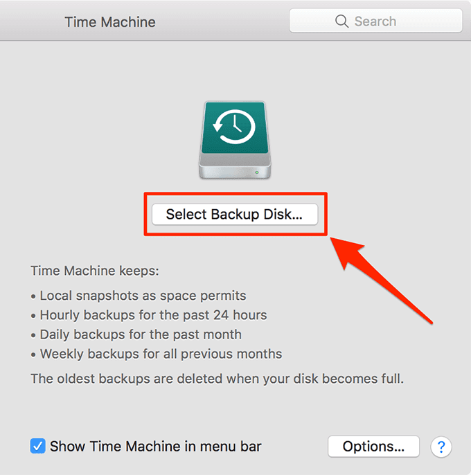 Seleccione Disco de copia de seguridad en la configuración de Time Machine