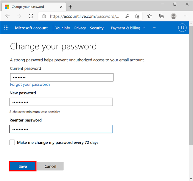 Come modificare la password dell'account Microsoft da un browser