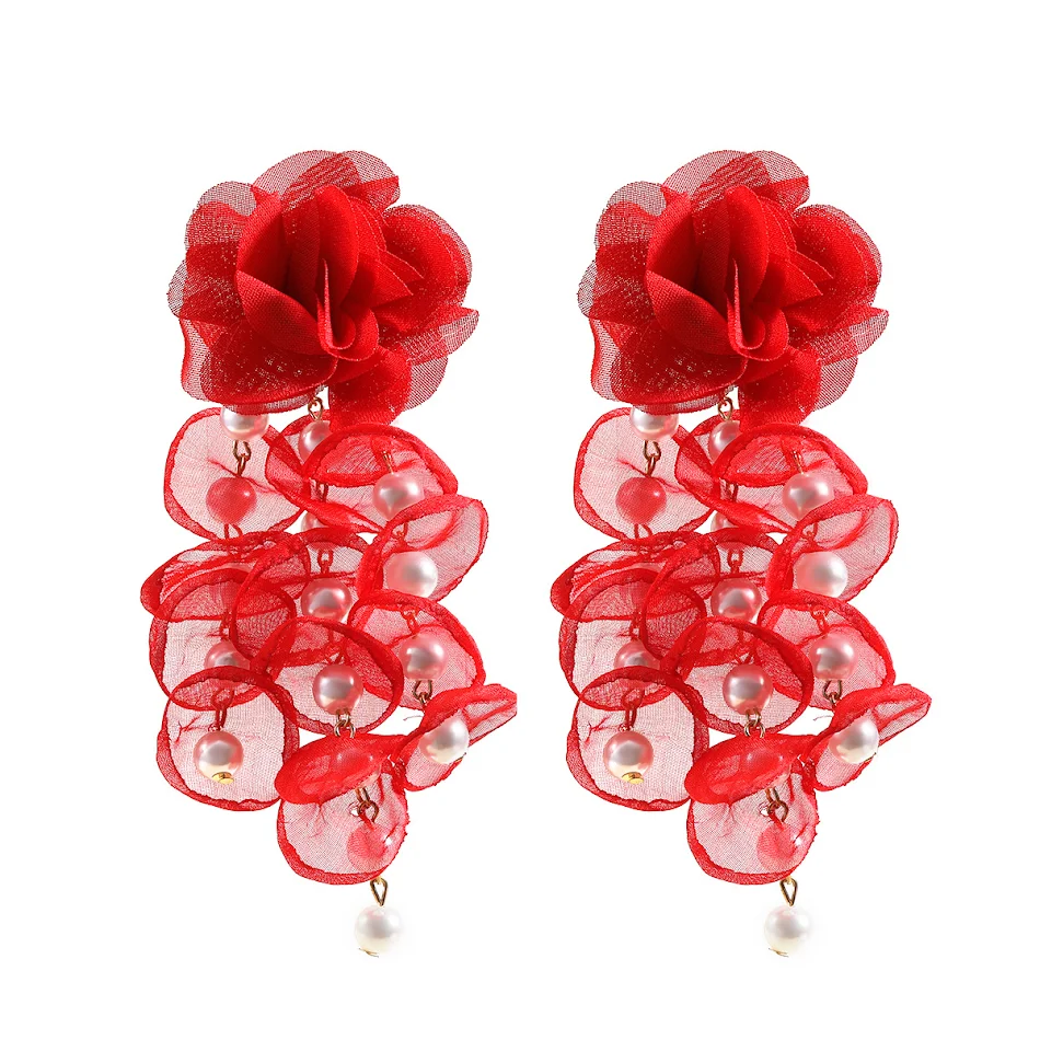 Prachtige Europese en Amerikaanse bloemen oorbellen voor dames, bohemien stof met parel bloem kwastjes sieraden, stijlvol