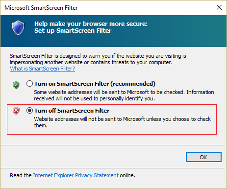 Wybierz opcję Wyłącz filtr SmartScreen w opcji, aby go wyłączyć