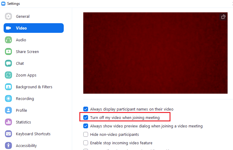 ตรวจสอบให้แน่ใจว่าคุณยกเลิกการเลือก ปิดวิดีโอของฉันเมื่อเข้าร่วมการประชุม ตัวเลือก