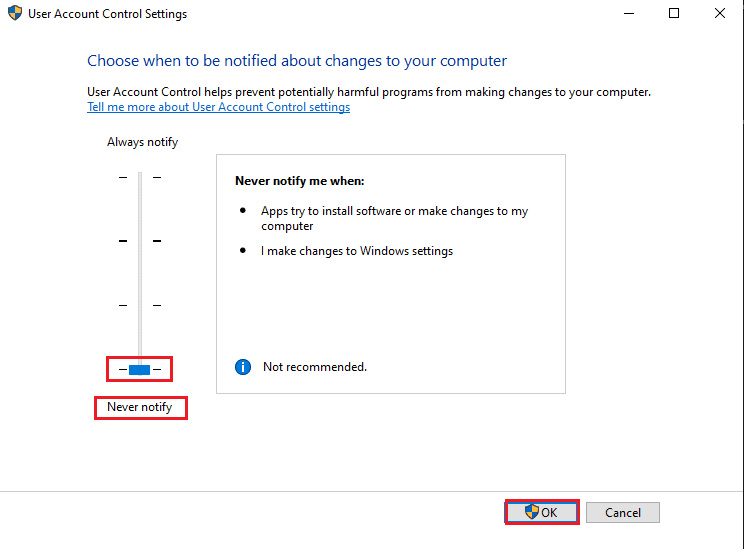 Arrastre el control deslizante en la pantalla hacia la opción Nunca notificar en la parte inferior