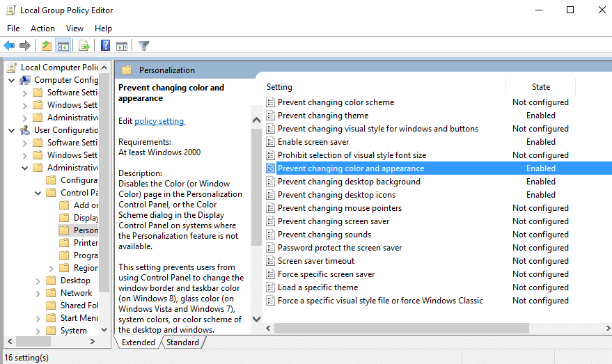 Evite cambiar el color y la apariencia en el editor de políticas de grupo