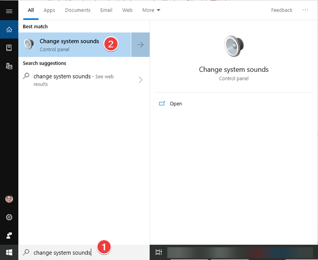 Cerca e apri Modifica suoni di sistema in Windows 10