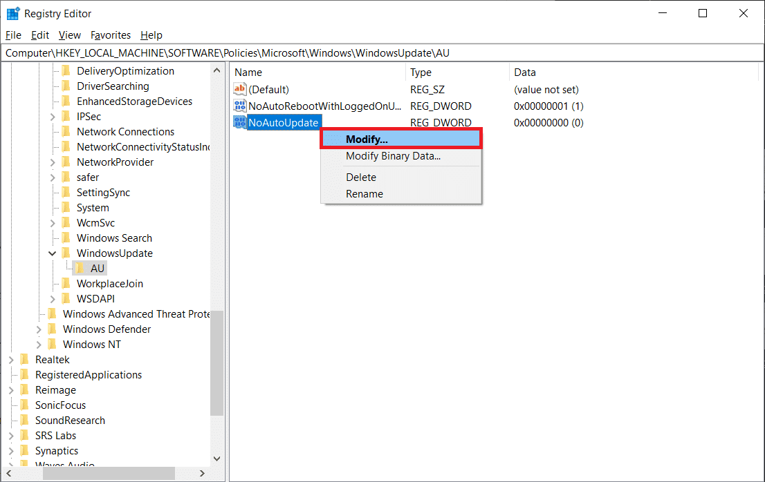 คลิกขวาที่ค่า NoAutoUpdate แล้วเลือก Modify (หรือดับเบิลคลิกเพื่อเปิดกล่องโต้ตอบ Modify)