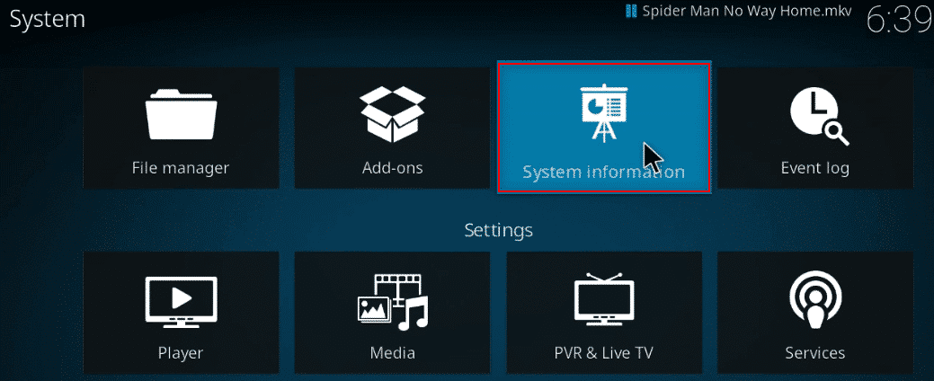 Seleccione Información del sistema en la configuración de kodi.  Cómo optimizar Kodi