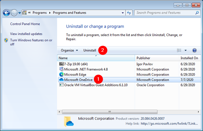 El botón de desinstalación de OneDrive del Panel de control