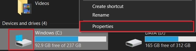 fare clic con il pulsante destro del mouse sull'unità C e selezionare le proprietà