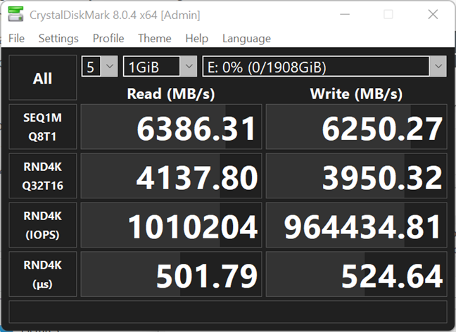 SSD Kingston KC3000 : résultats du benchmark CrystalDiskMark