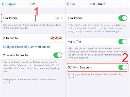 Chọn Tìm iPhone và gạt sang phải tại mục Gửi Vị trí Sau cùng để kích hoạt tính năng