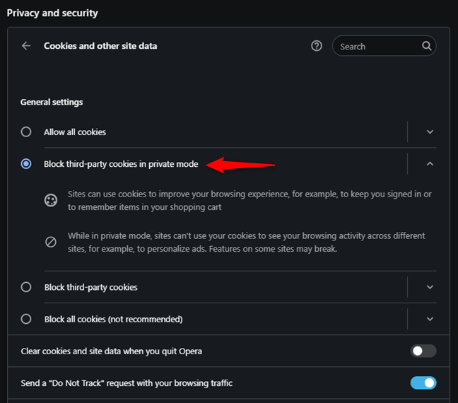 Opera tự động tắt cookie của bên thứ ba trong chế độ ẩn danh