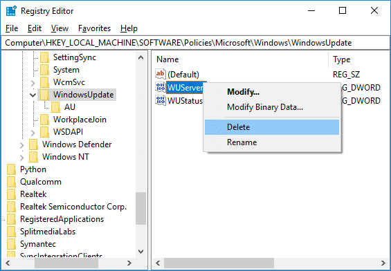 WUServerを右クリックして、[削除]を選択します