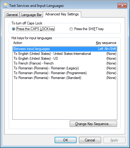 Windows 7의 입력 언어에 대한 고급 키 설정