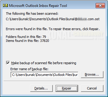 Repair data files using Microsoft Outlook Inbox Repair Tool (www.kunal-chowdhury.com)